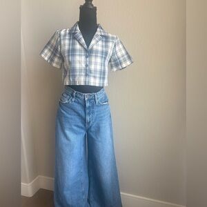 Blue and Cream Plaid Short Sleeve Blazer